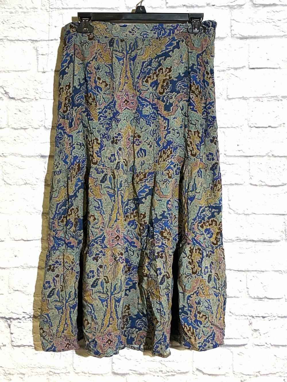 Tahari Tapestry Print Midi Skirt Medium Boho Persian Carpet Viscose Blue Gold